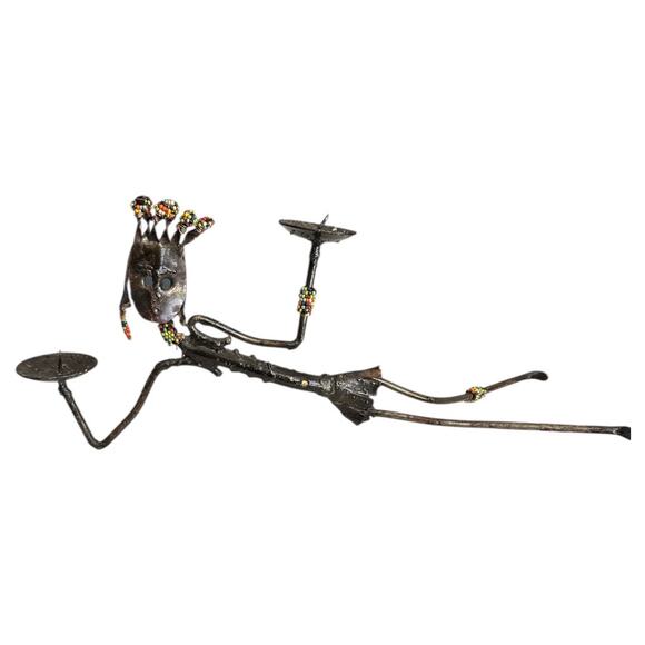 African Tribal Hand Made Bronzed Steel Reclined Woman Beaded Accents - Picture 1 of 10
